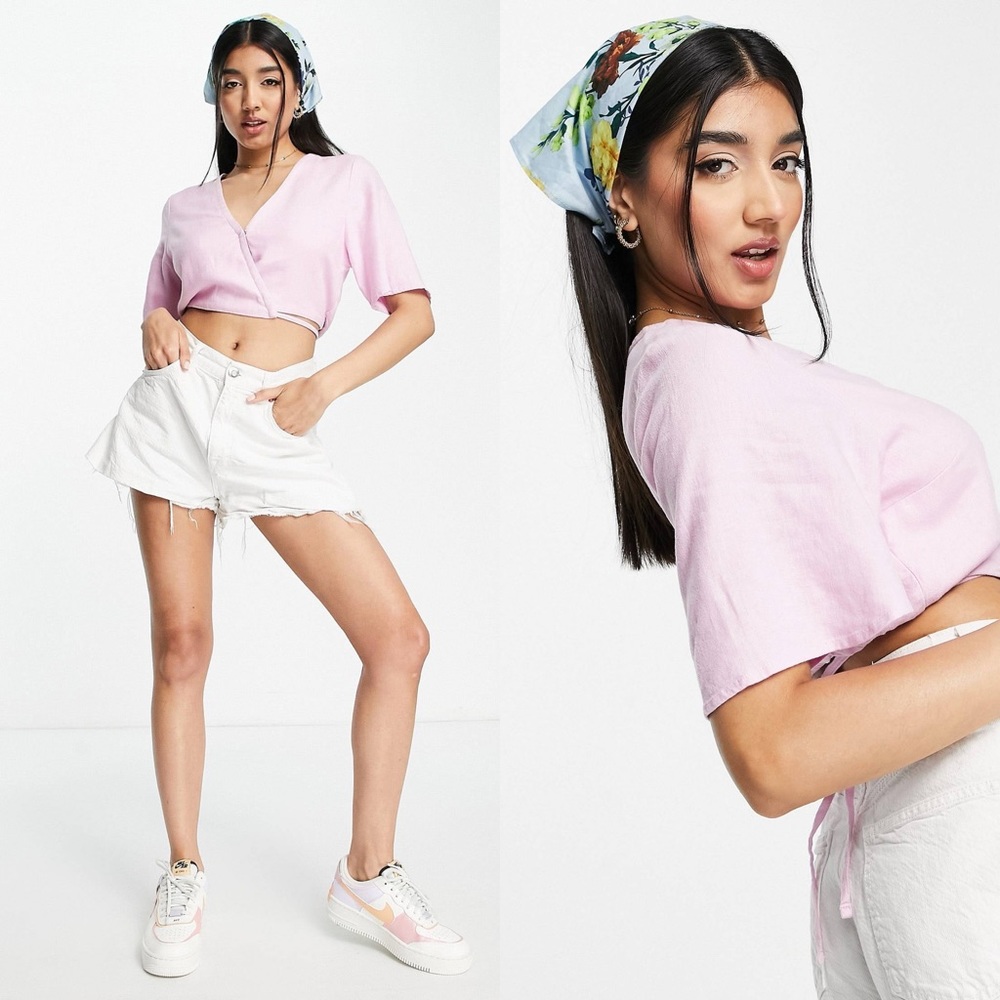 Abercrombie & Fitch Wrap Around Linen Top in Pink Lavender - Picture 2 of 7